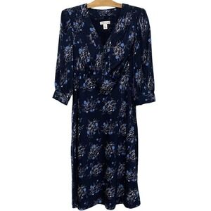 Nordstrom Signature | Silk Blend Dress Midi Navy Floral 3/4 Sleeves V Neck- Sz 6